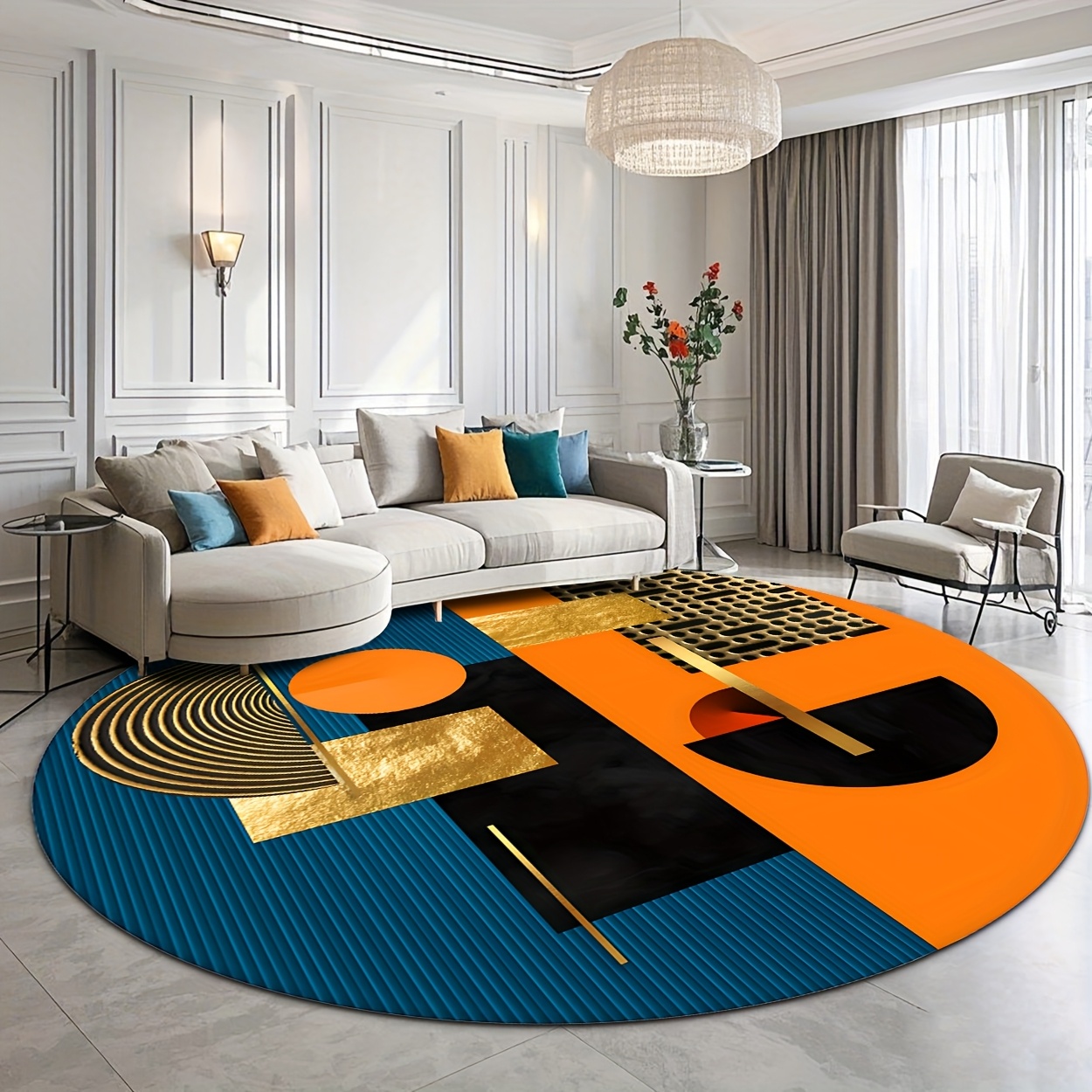 Printed Rug Abstract - Tapete Redondo Luxuoso Abstrato Geométrico Laranja